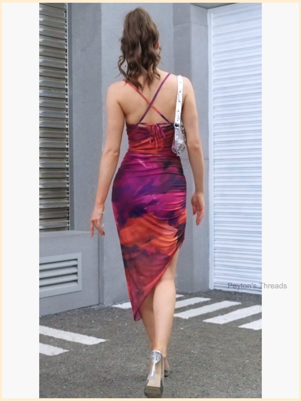 Mesh Ruched Bodycon Midi Dress Tie Dye Asymmetrical Party Going Out Wedding - Picture 4 of 4